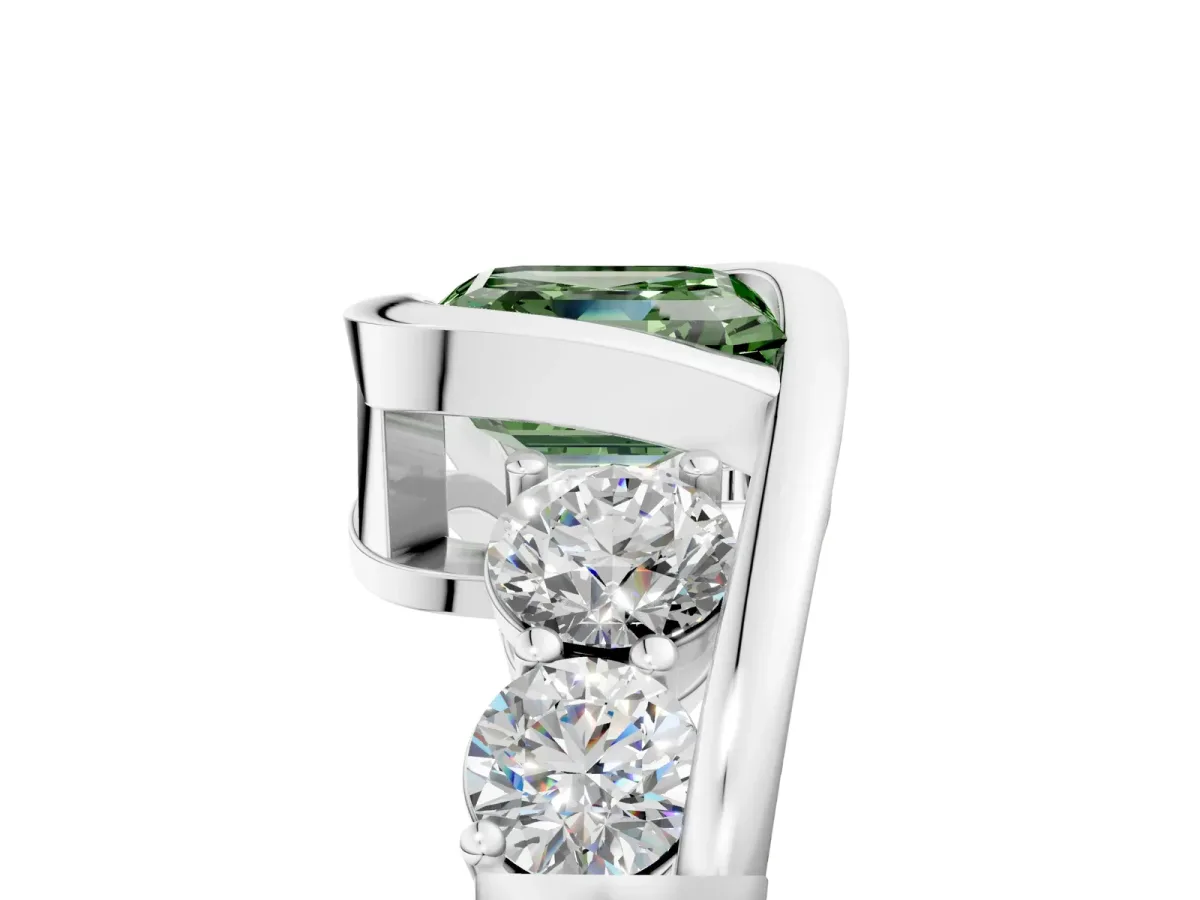 Fancy Green Bezel Set Asscher Cut Diamond Bypass Ring with Round Accents Platinum