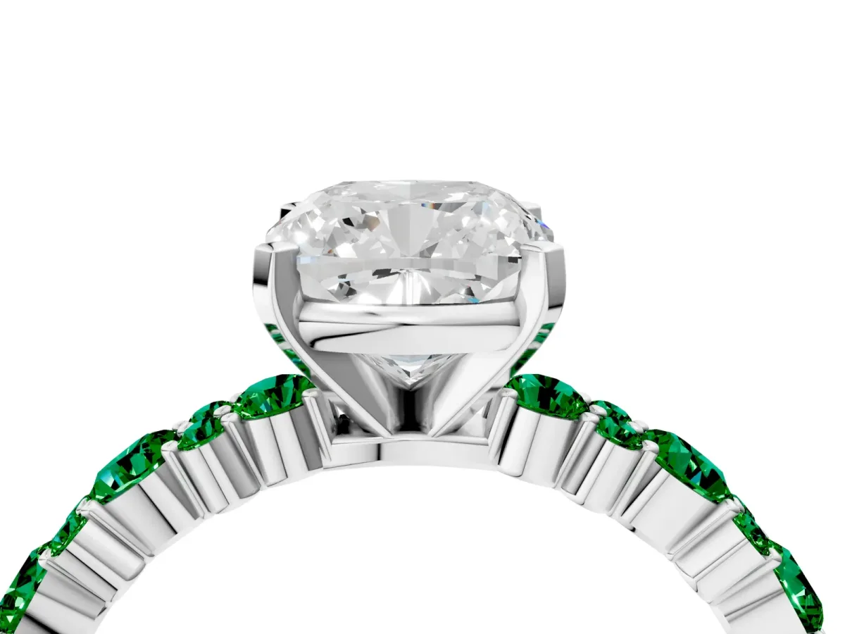 Cushion Cut Diamond Side Stone Solitaire Ring with Round Emerald and Four-Prong Setting Platinum