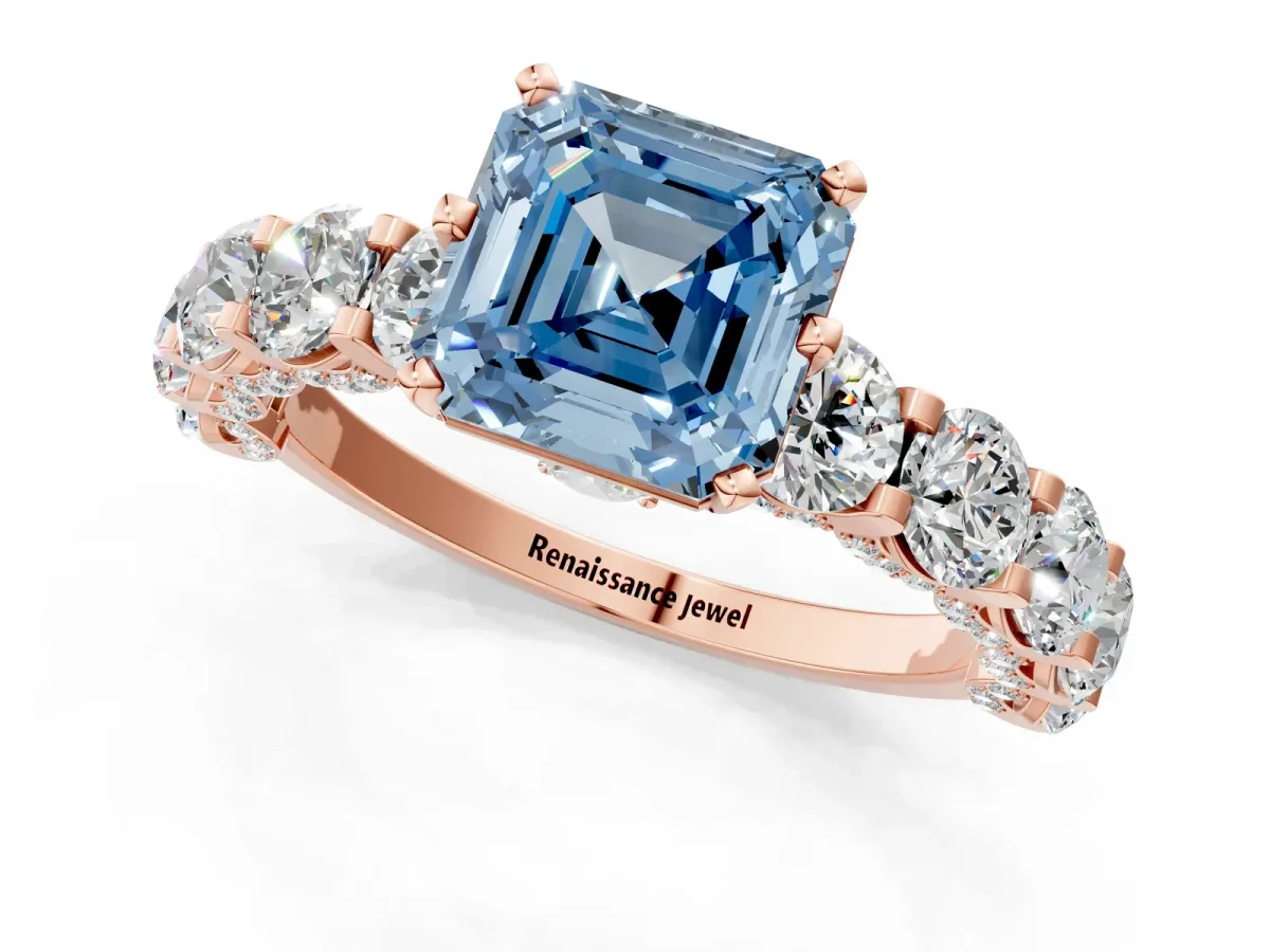Fancy Blue Asscher Cut Diamond Side Stone Engagement Ring with Four-Prong Setting Rose gold