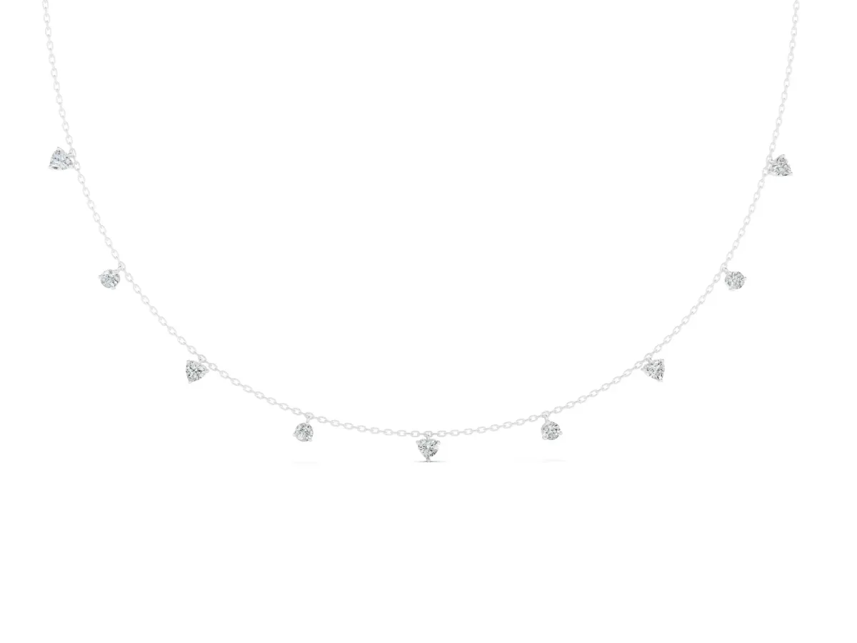 Heart and Round Diamond Station Necklace Silver