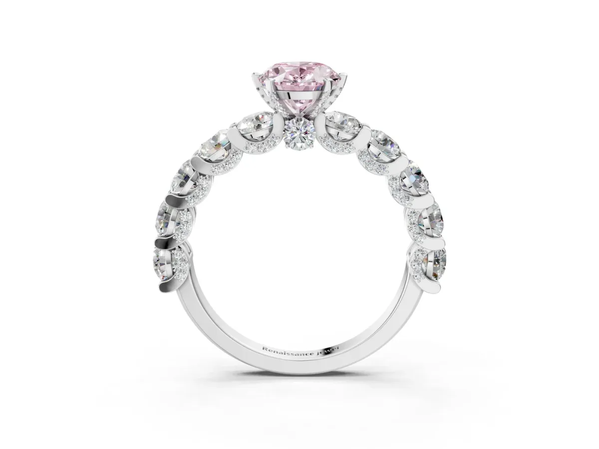 Fancy Pink Oval Cut Diamond Side Stone Engagement Ring with Four-Prong Setting Platinum