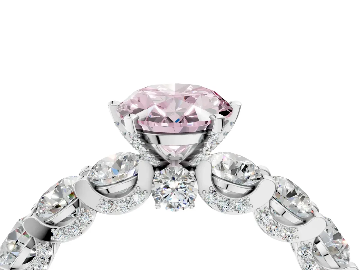 Fancy Pink Oval Cut Diamond Side Stone Engagement Ring with Four-Prong Setting White gold