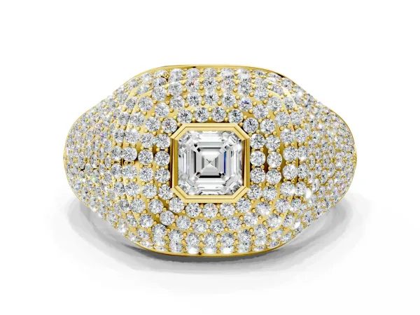 Asscher Cut Diamond Bezel Set Pavé Dome Mens Ring Yellow gold