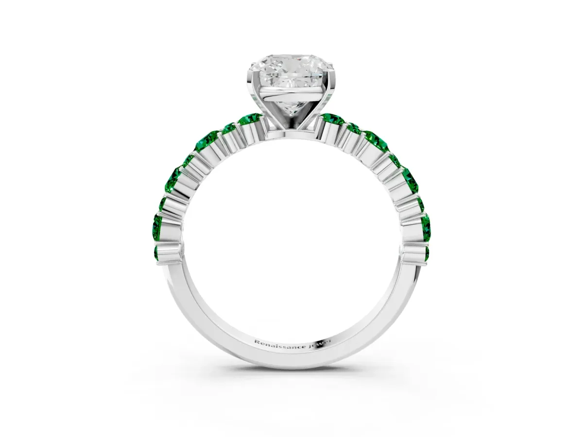 Cushion Cut Diamond Side Stone Solitaire Ring with Round Emerald and Four-Prong Setting Platinum