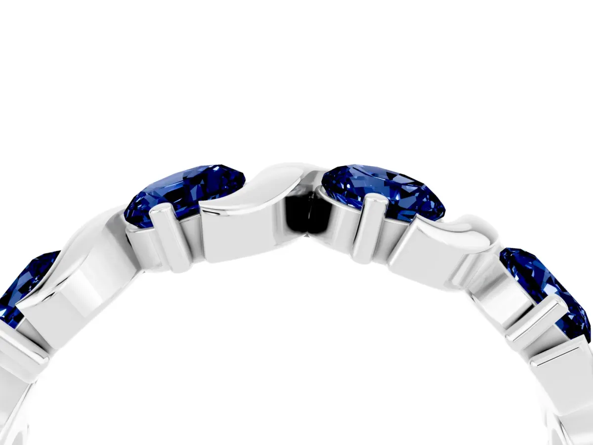 Six-Stone Round Blue Sapphire Wave Band with Shared Prong Setting Silver