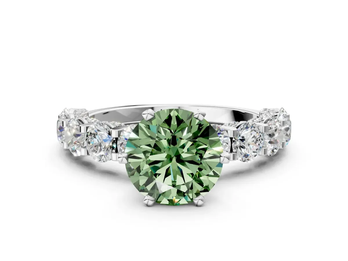 Fancy Green Round Cut Diamond Side Stone Engagement Ring with Four-Prong Setting White gold