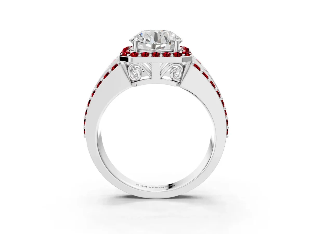 Round Cut Halo Diamond Ring with Round Tanzanite Split Shank and Prong Setting Silver