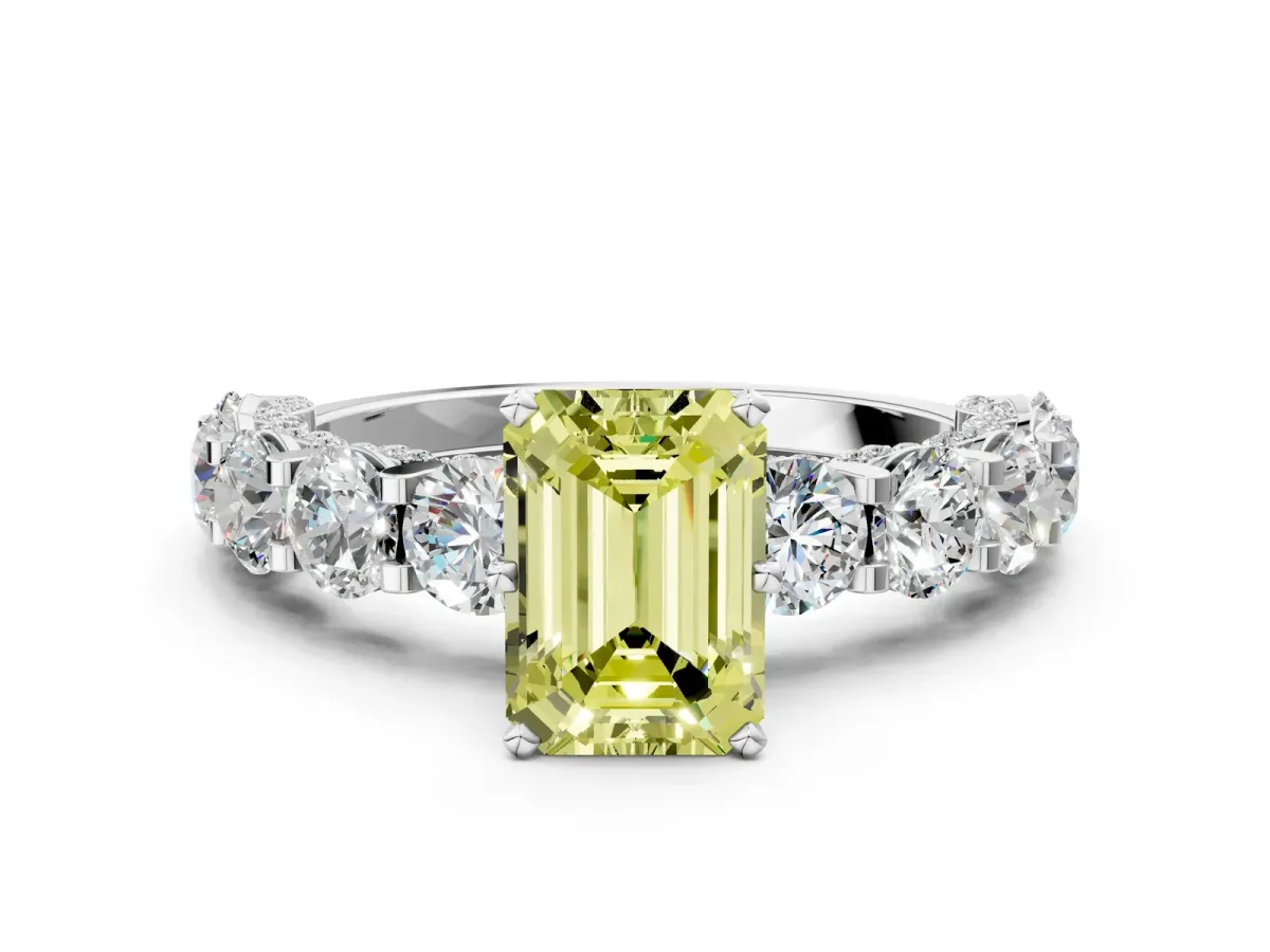 Fancy Yellow Emerald Cut Diamond Side Stone Engagement Ring with Four-Prong Setting White gold