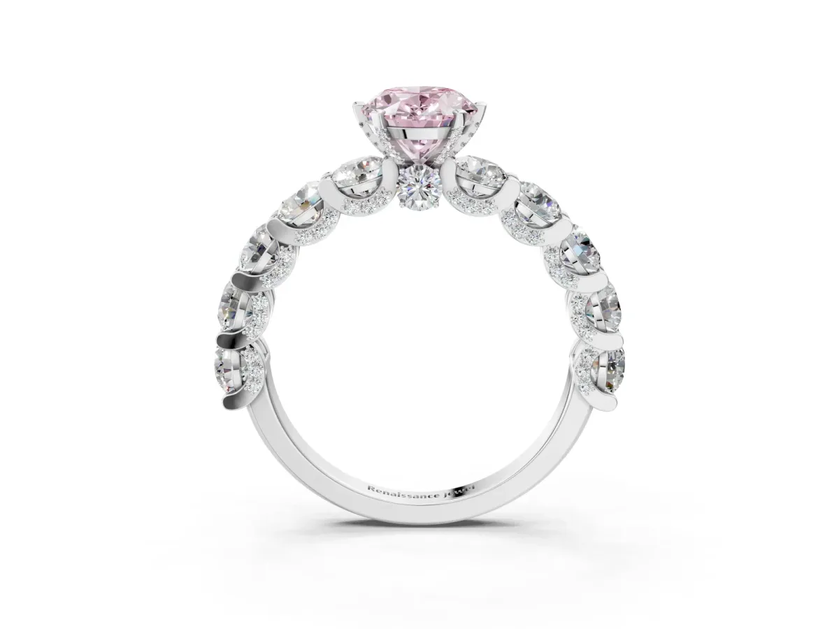 Fancy Pink Oval Cut Diamond Side Stone Engagement Ring with Four-Prong Setting White gold