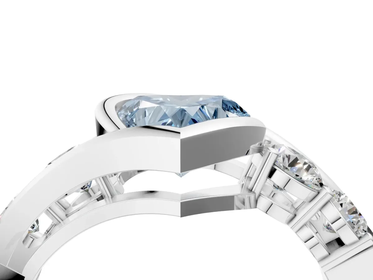 Fancy Blue Bezel Set Heart Cut Diamond Bypass Ring with Round Accents Platinum