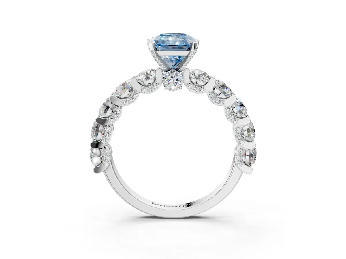 Fancy Blue Radiant Cut Diamond Side Stone Engagement Ring with Four-Prong Setting Platinum