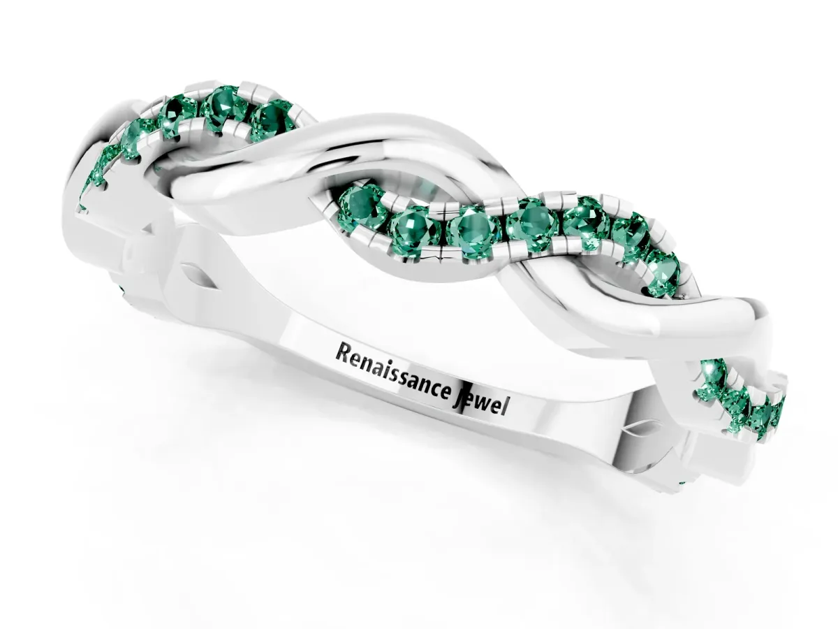 Round Green Sapphire Twist Eternity Band with Pavé Setting Silver