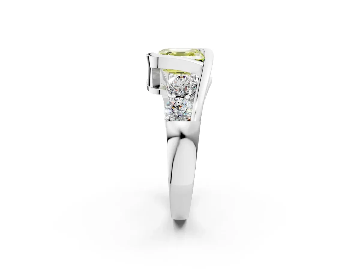 Fancy Yellow Bezel Set Asscher Cut Diamond Bypass Ring with Round Accents Platinum