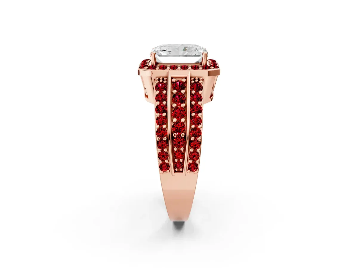 Radiant Cut Halo Diamond Ring with Round Ruby Split Shank and Prong Setting Rose gold