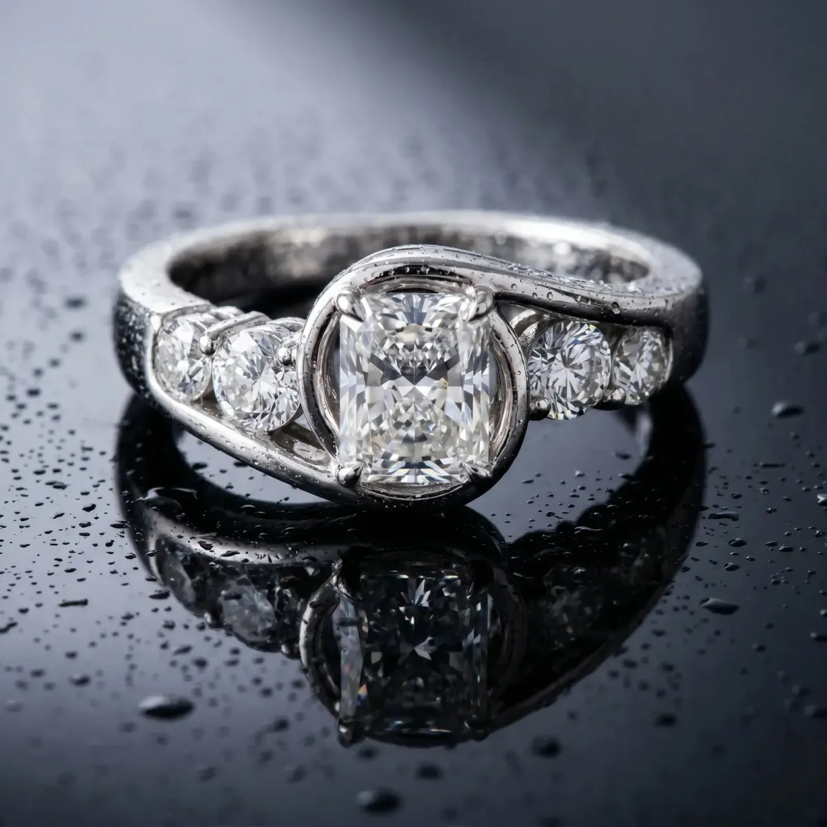 Bezel Set Radiant Cut Diamond Bypass Ring with Round Accents Platinum