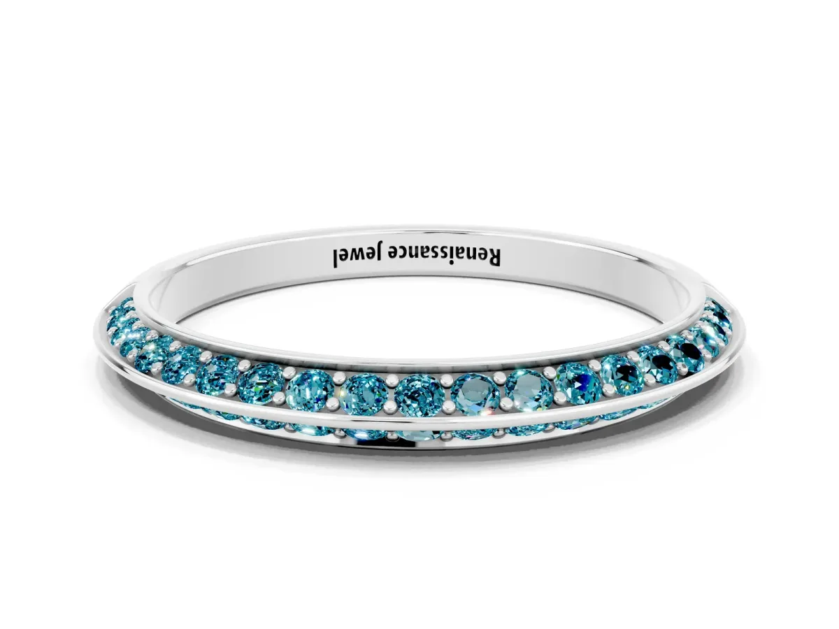 Double Row Pavé Round Blue Topaz Eternity Band with Channel Setting Platinum