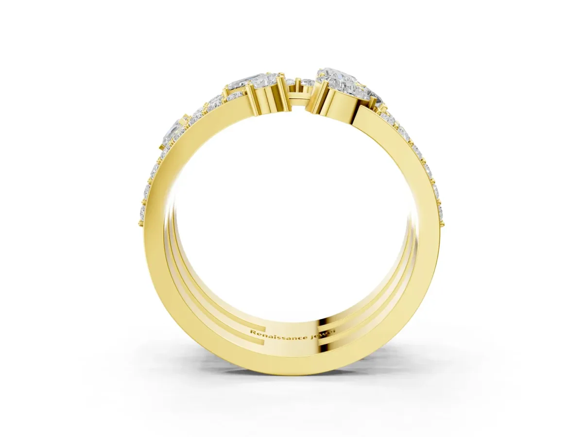 Mixed Shape Diamond Multi Row Promise Ring with Round Diamond Accents Yellow gold