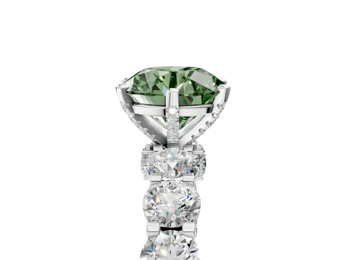Fancy Green Round Cut Diamond Side Stone Engagement Ring with Four-Prong Setting White gold