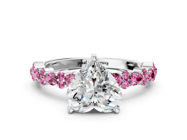 Heart Cut Diamond Side Stone Solitaire Ring with Round Pink Sapphire and Four-Prong Setting Platinum
