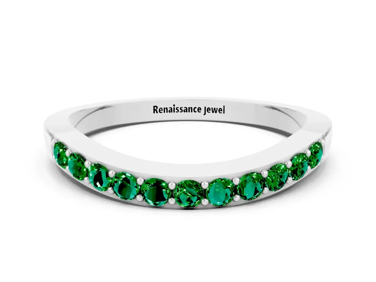 Round Emerald Curved Wedding Band with Channel Setting White gold