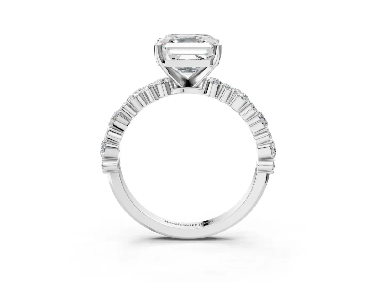 Asscher Cut Diamond Side Stone Solitaire Ring with Round and Four-Prong Setting Platinum
