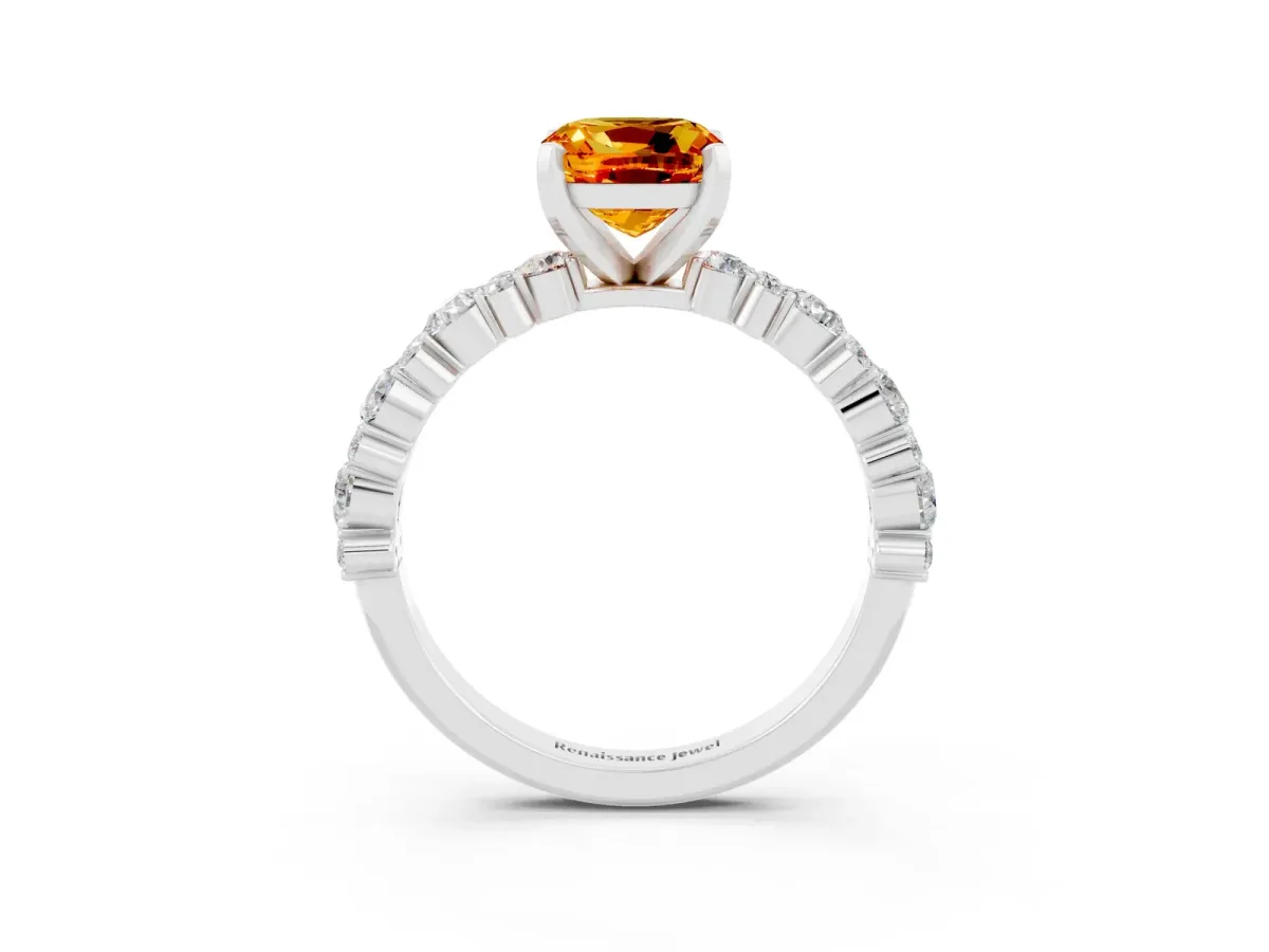 Cushion Cut Citrine Side Stone Solitaire Ring with Round and Four-Prong Setting Platinum