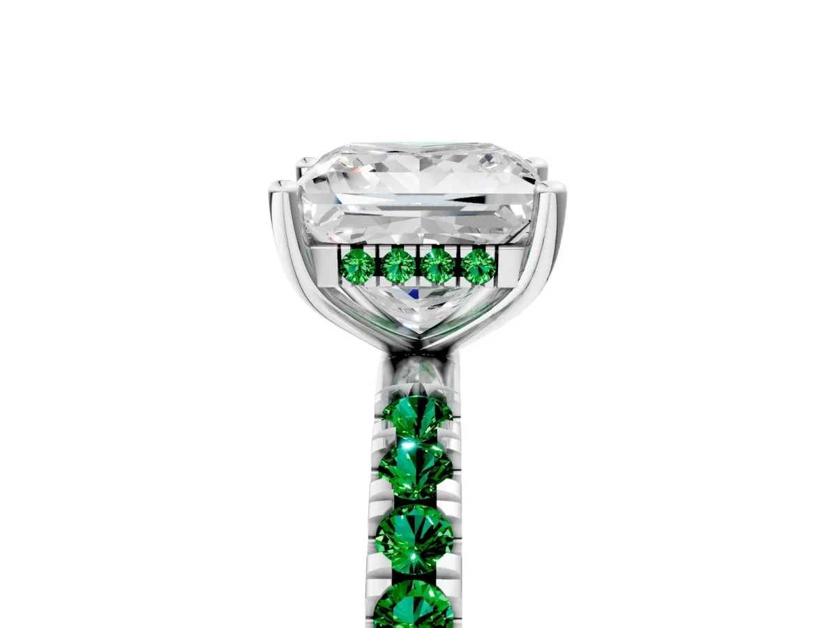 Princess Cut Diamond Pave Band Solitaire Ring with Round Emerald and Prong Setting Silver