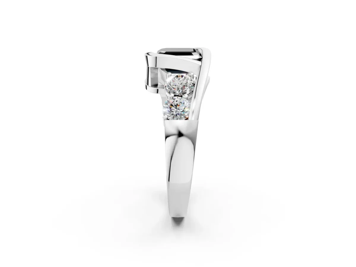 Fancy Black Bezel Set Asscher Cut Diamond Bypass Ring with Round Accents Platinum