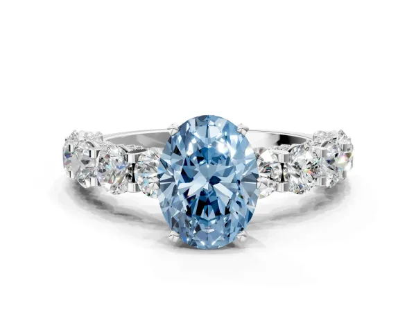Fancy Blue Oval Cut Diamond Side Stone Engagement Ring with Four-Prong Setting White gold