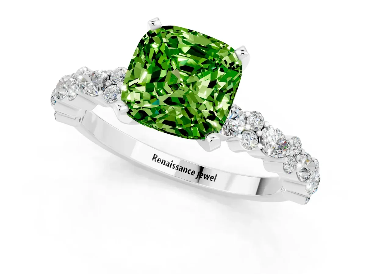 Cushion Cut Peridot Side Stone Solitaire Ring with Round and Four-Prong Setting Platinum