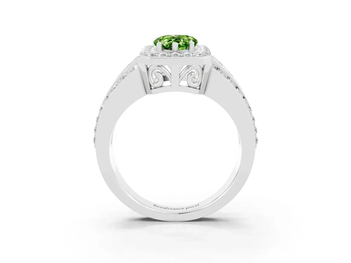 Pear Cut Halo Peridot Ring with Round Split Shank and Prong Setting Silver