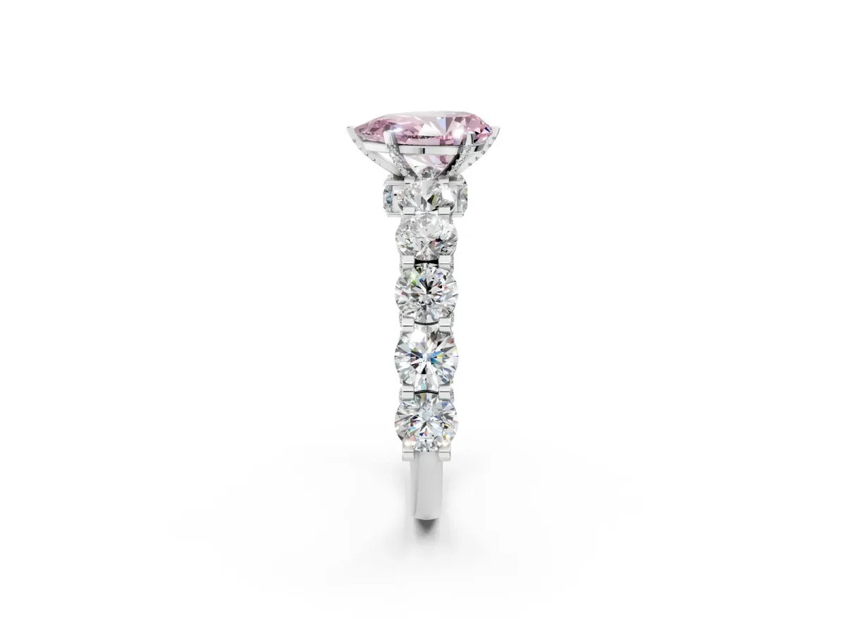 Fancy Pink Pear Cut Diamond Side Stone Engagement Ring with Four-Prong Setting White gold