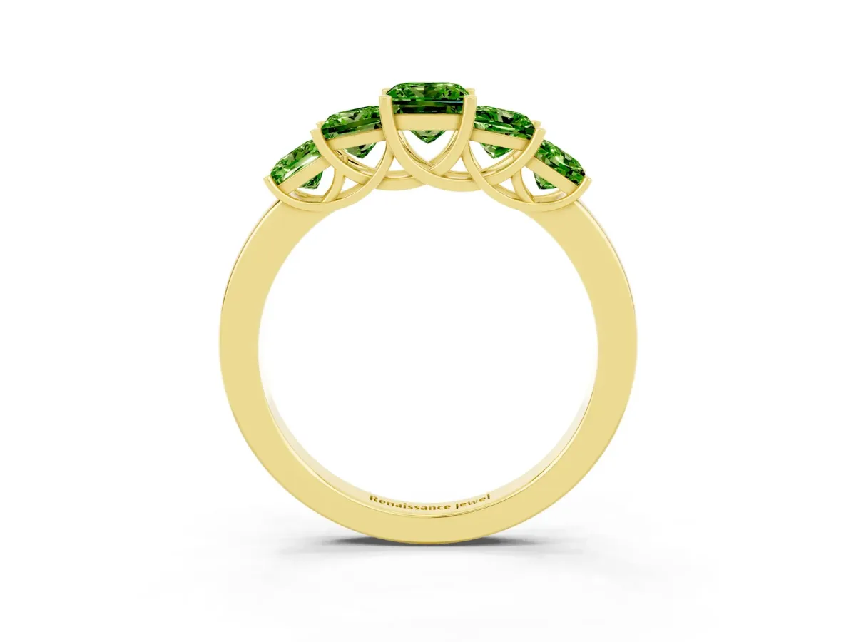 Princess Cut Five-Stone Peridot Ring with Classic Prong Setting Yellow gold