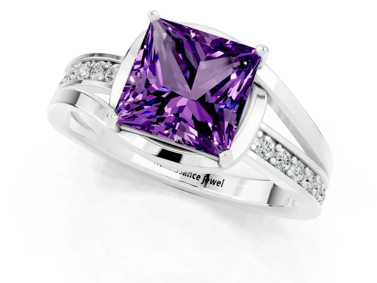 Princess Cut Amethyst Solitaire Ring with Split Shank and Prong Setting Platinum