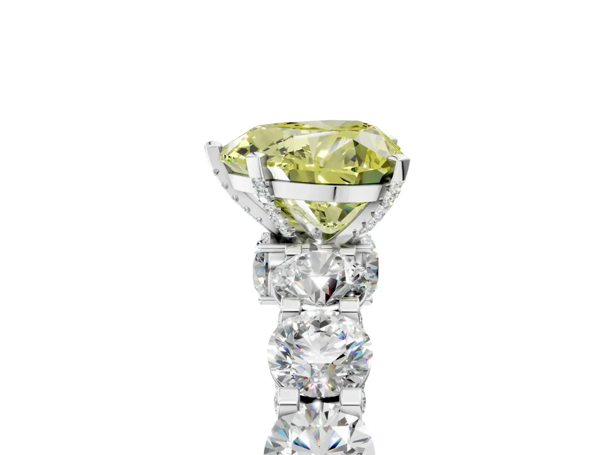 Fancy Yellow Heart Cut Diamond Side Stone Engagement Ring with Four-Prong Setting Silver
