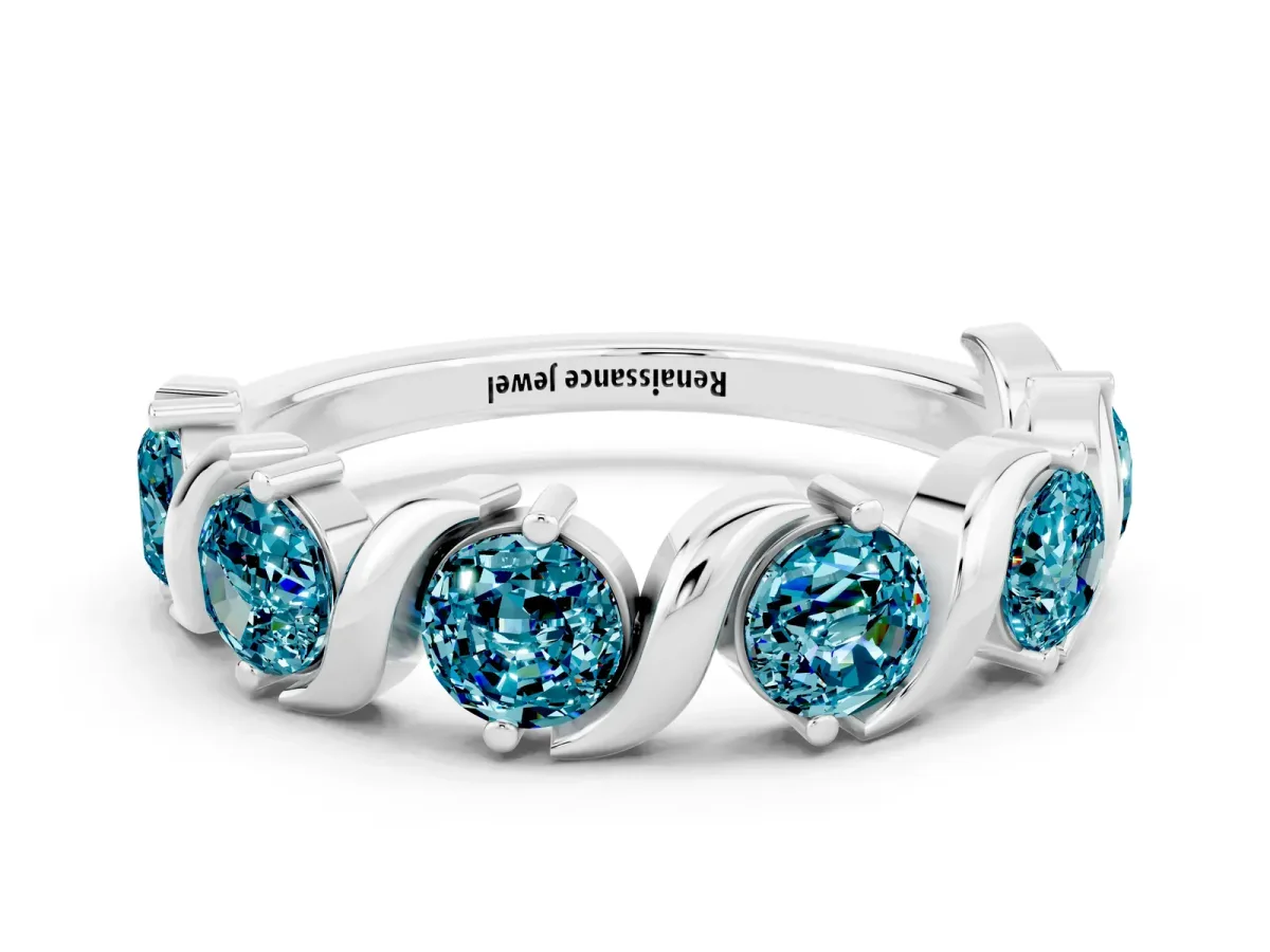 Six-Stone Round Blue Topaz Wave Band with Shared Prong Setting Silver