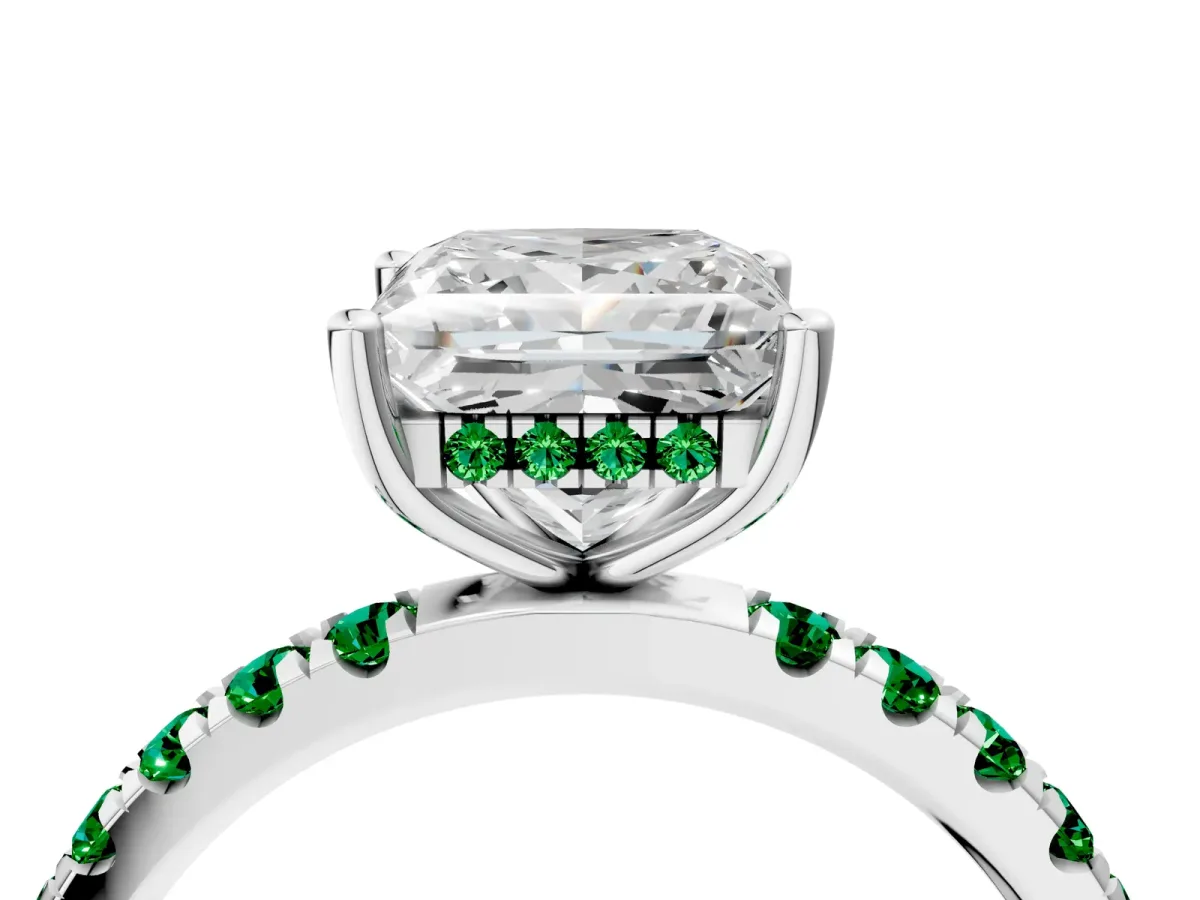 Princess Cut Diamond Pave Band Solitaire Ring with Round Emerald and Prong Setting Silver