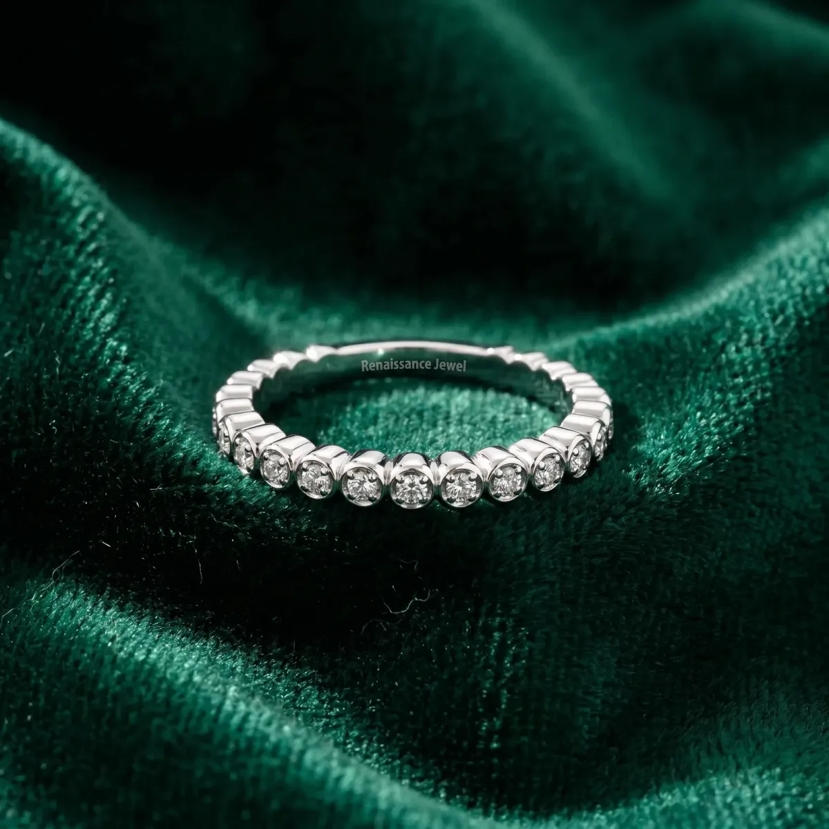 Beaded Round Stone Eternity Band with Bezel Setting White gold