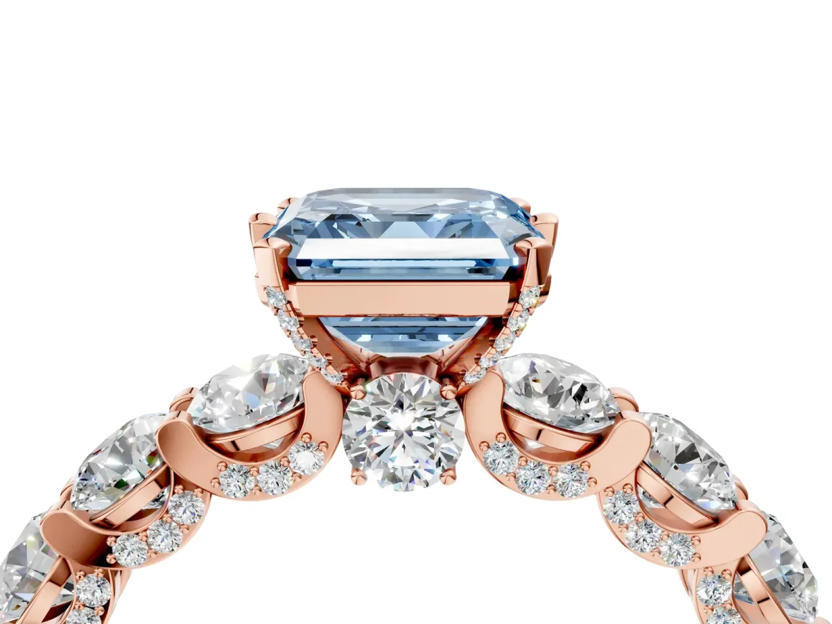 Fancy Blue Asscher Cut Diamond Side Stone Engagement Ring with Four-Prong Setting Rose gold