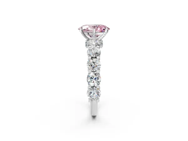 Fancy Pink Oval Cut Diamond Side Stone Engagement Ring with Four-Prong Setting Platinum