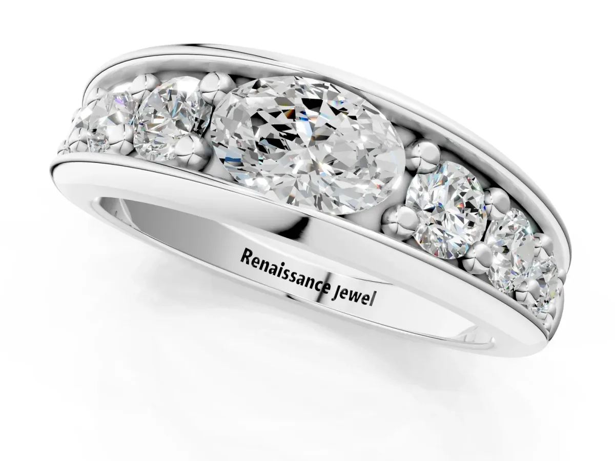 Oval Diamond Mens Ring with Round Diamond Accents Silver