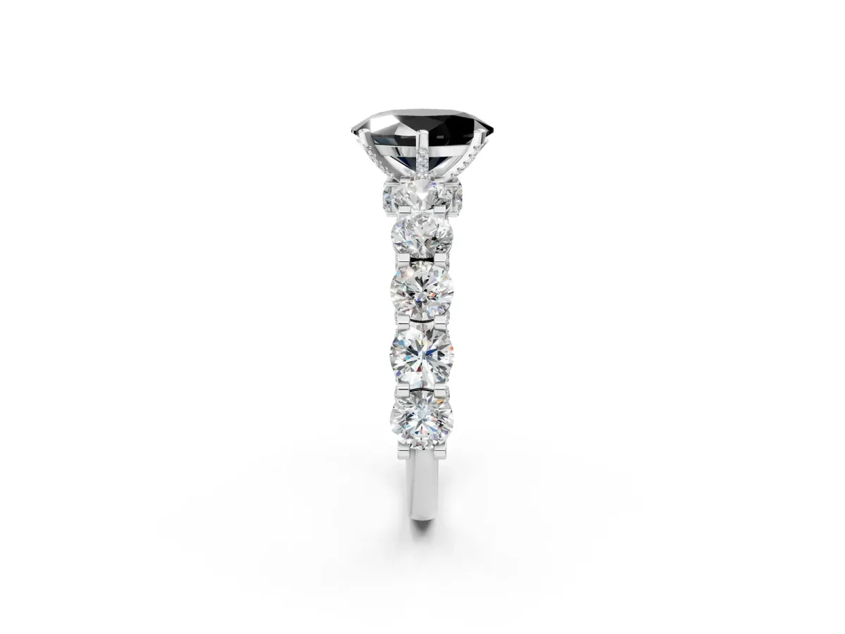 Fancy Black Oval Cut Diamond Side Stone Engagement Ring with Four-Prong Setting White gold