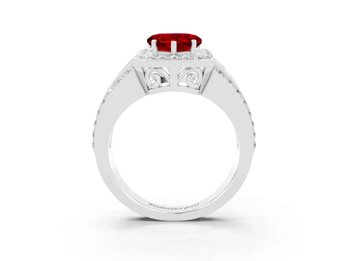 Heart Cut Halo Ruby Ring with Round Split Shank and Prong Setting White gold