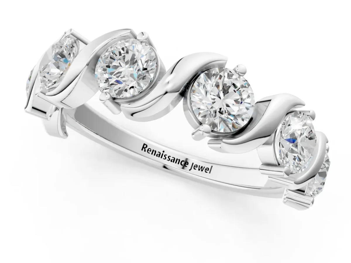 Six-Stone Round Diamond Wave Band with Shared Prong Setting Silver