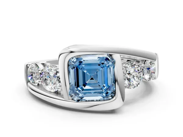 Fancy Blue Bezel Set Asscher Cut Diamond Bypass Ring with Round Accents Platinum