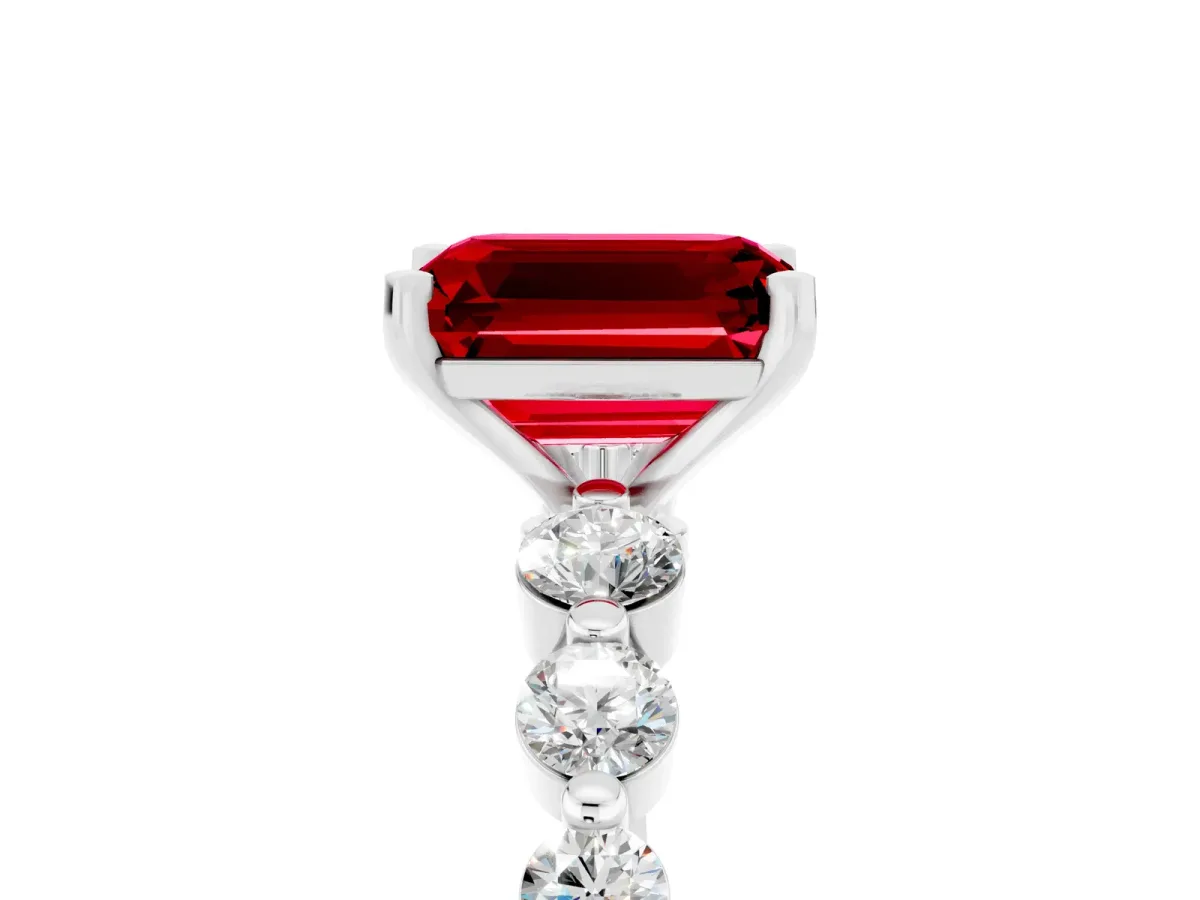 Emerald Cut Solitaire Ruby Ring with Pave Band and Four-Prong Setting White gold