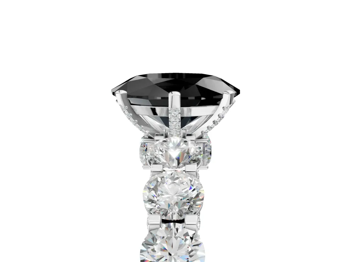 Fancy Black Oval Cut Diamond Side Stone Engagement Ring with Four-Prong Setting White gold