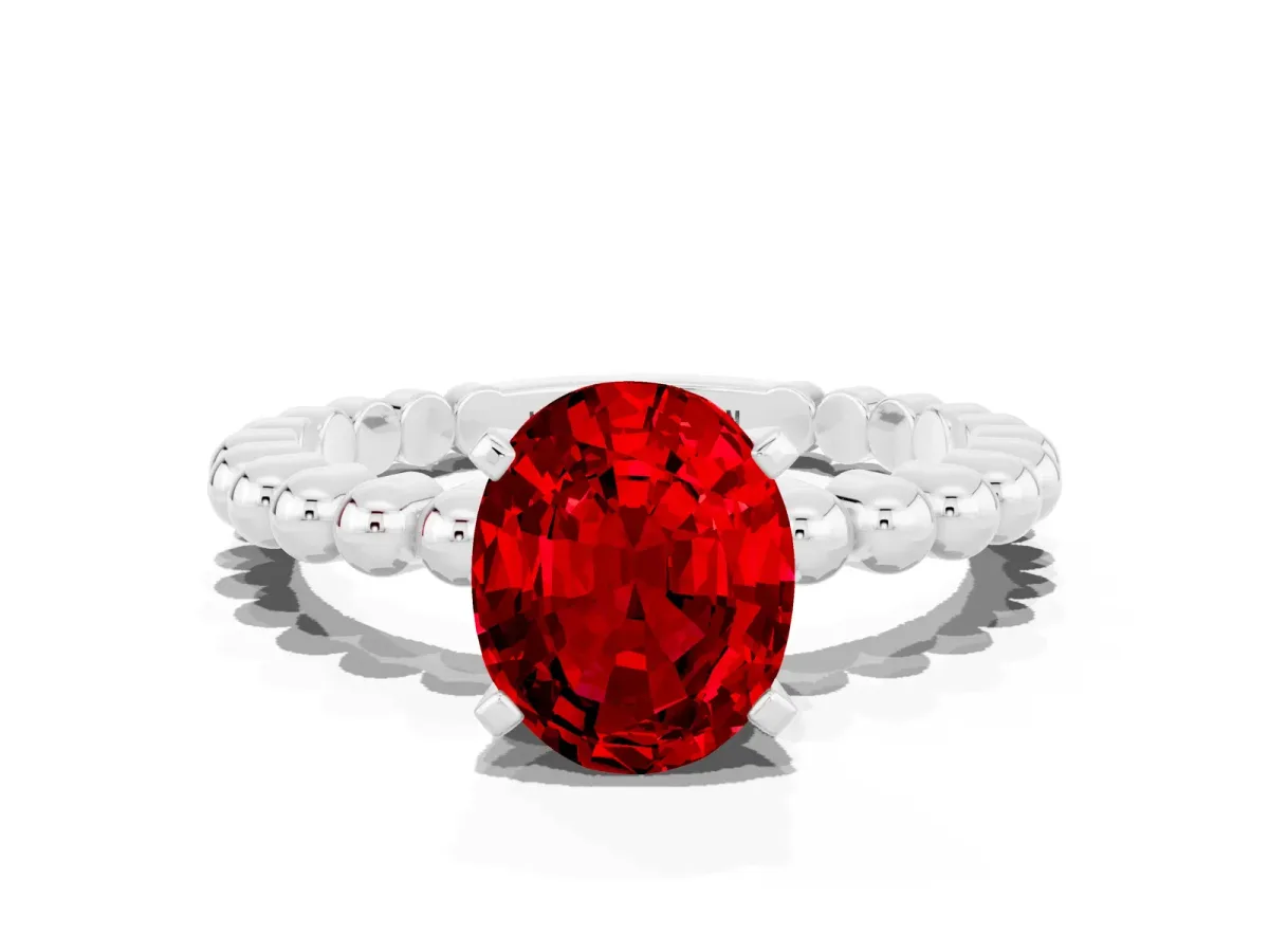 Oval Cut Ruby Solitaire Ring with Beaded Band and Prong Setting White gold