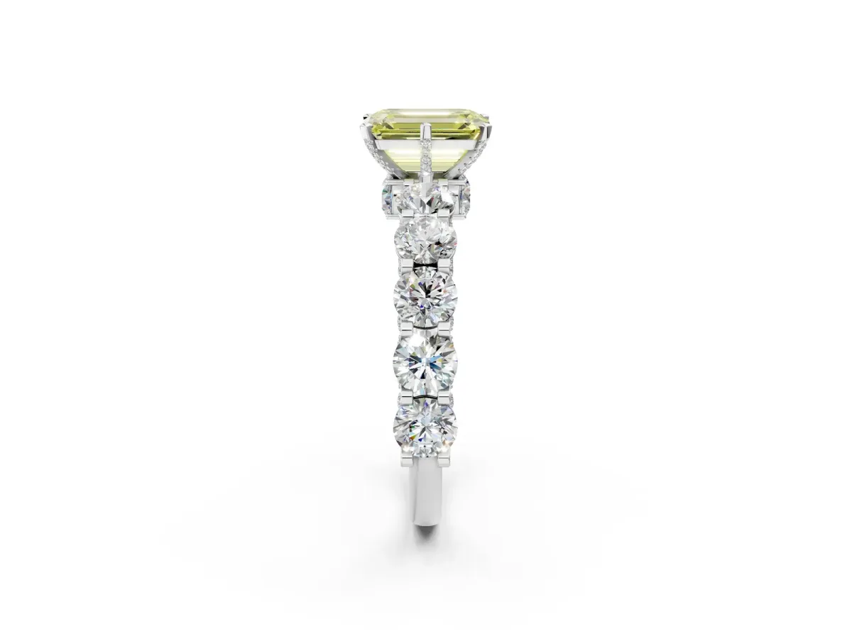 Fancy Yellow Emerald Cut Diamond Side Stone Engagement Ring with Four-Prong Setting White gold