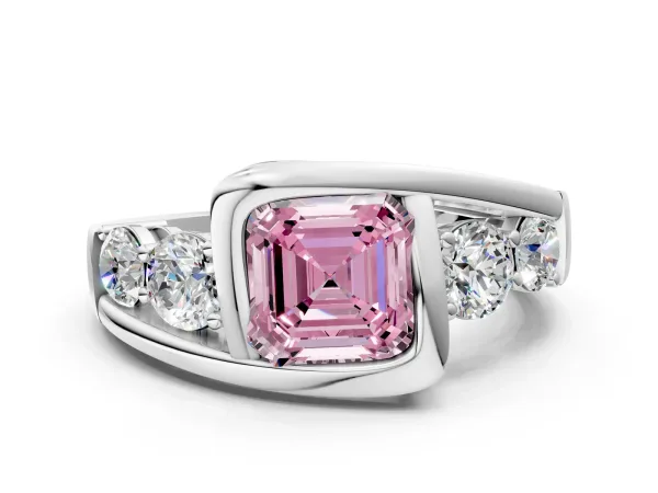 Fancy Pink Bezel Set Asscher Cut Diamond Bypass Ring with Round Accents Platinum